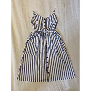 Exlur Women's Blue Spaghetti Strap Striped Sleeveless Dress Pockets Buttons S